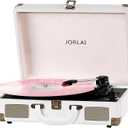 Jorlai Record Player 3 Speeds Turntable with Bluetooth Built-in Battery Stereo Speakers Vintage Record Player Belt Driven Portable Suitcase PC Recording White