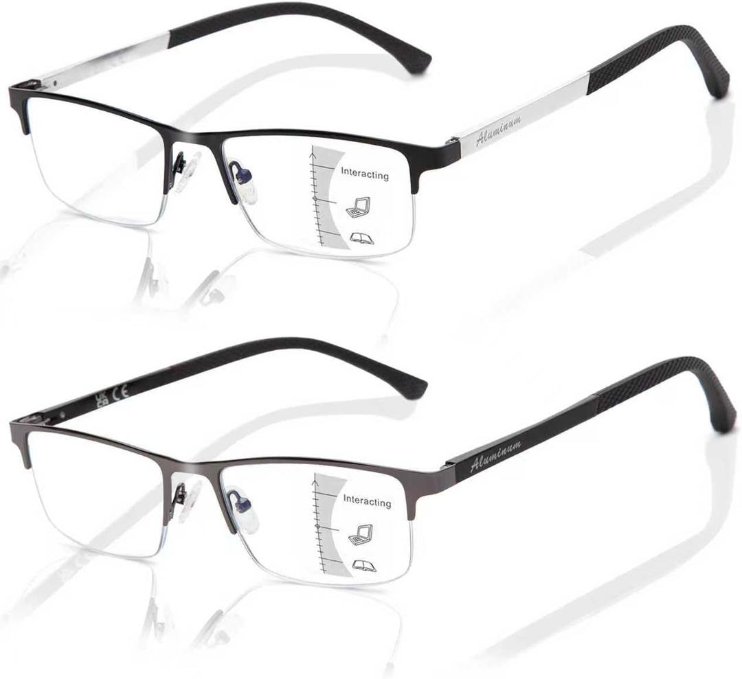 LianSan Premium Progressive Multifocus Reading Glasses Men - No-Line Aluminum Trifocal Blue Light Blocking Computer Readers
