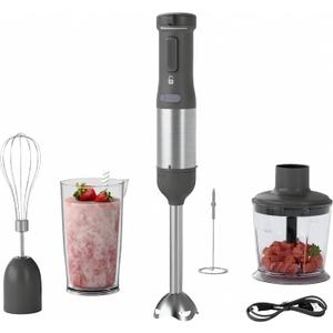 Cordless Immersion Hand Blender, 5-in-1 Variable Speed blender handheld,Rechargeable with 2000mAh Battery, BPA-Free & Dishwasher-Safe Accessories:700ml Beaker,Chopper,Whisk & Milk Frother,Grey