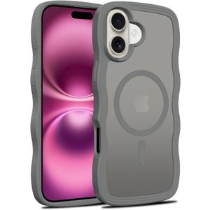 Owncase for iPhone 16 Plus Case, Curly Wave Frame Translucent Matte Hard Back Cover, Compatible with MagSafe, Shockproof Protective Phone Case for Women and Girls, Grey