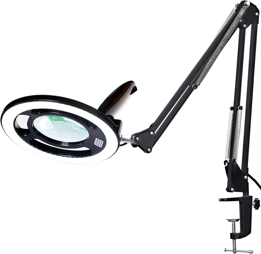 10X Magnifying Glass with Light, KIRKAS 2,200 Lumens LED Magnifying Lamp with Clamp, Stepless Dimmable Real Glass Lens Magnifier, Adjustable Arm Workbench Light for Close Work Hobby Repair - Black