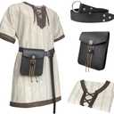 HiiFeuer Medieval Stripe Loose Tunic Top, with Vintage Belt and Bag, Renaissance Knight Lace Up Shirt, Viking Pirate Costume, XXL