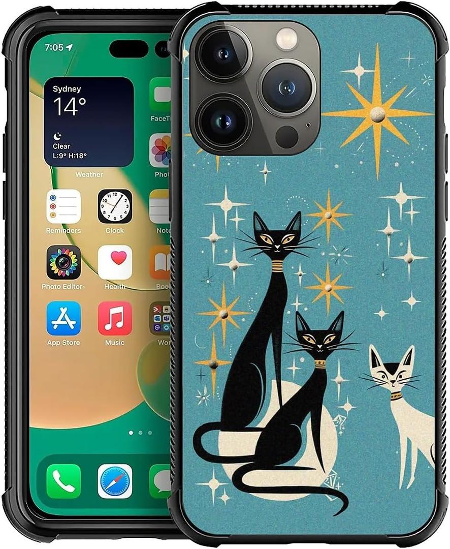 Phone Case Compatible with iPhone 14 Pro Max - Wireless Charging Compatible,S Mid Century Cat TPU Bumper and Hard PC Pattern Back Case