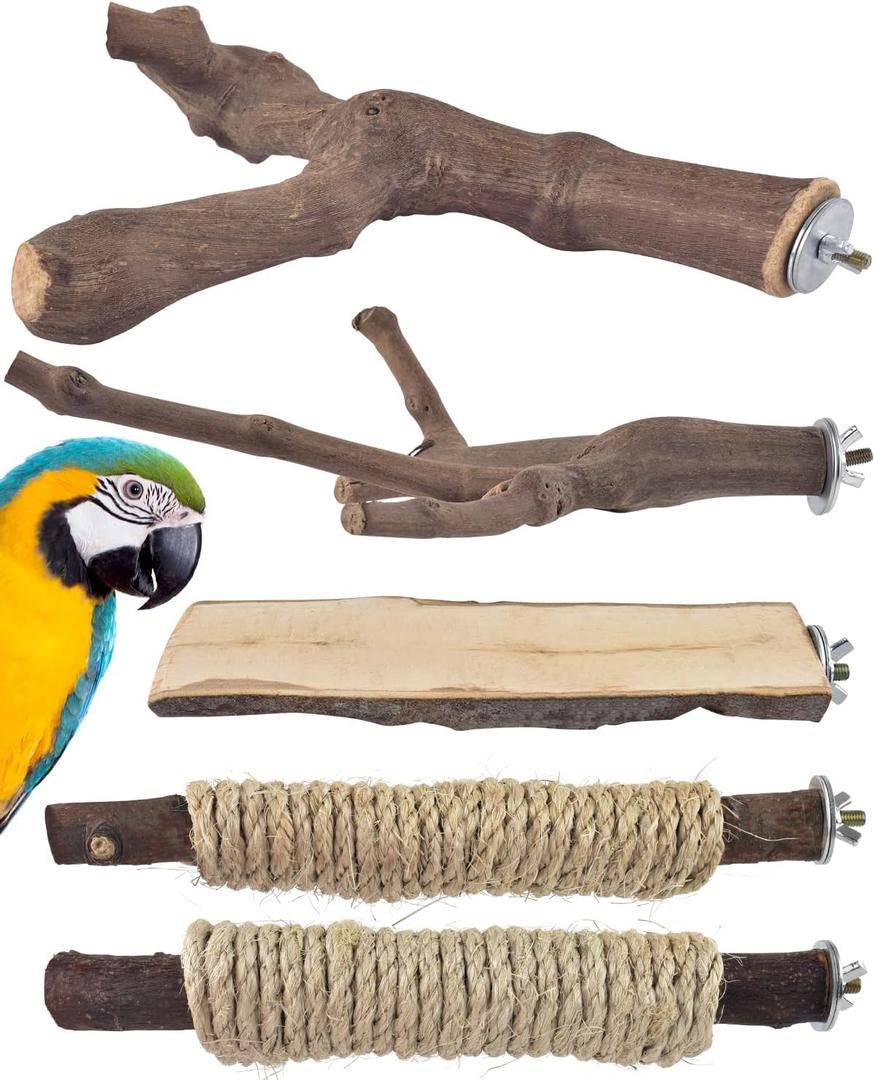 Bissap 5PCS Large Bird Perch Stand, Natural Wood Pole Standing Paw Grinding Fork Parrot Cage Branch with Rope for Macaw African Grey Amazon Pet Medium Large Birds Cage Accessories