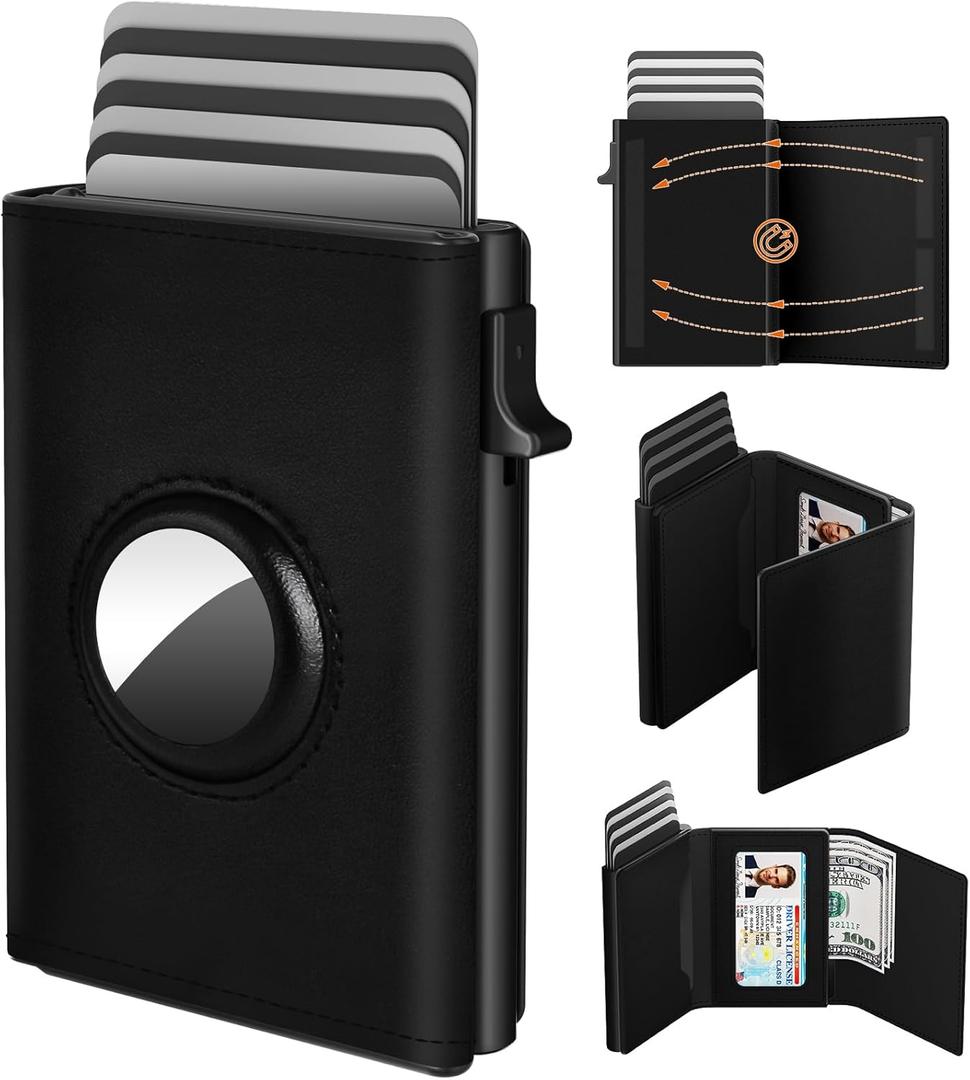 AirTag Wallet for Men, Minimalist Credit Card Holder for Apple Air Tag, RFID Blocking, Pop up Card Case, Premium Genuine Leather, Smart, Slim, 9-14 Card Capacity | ID Window | Cash Slot