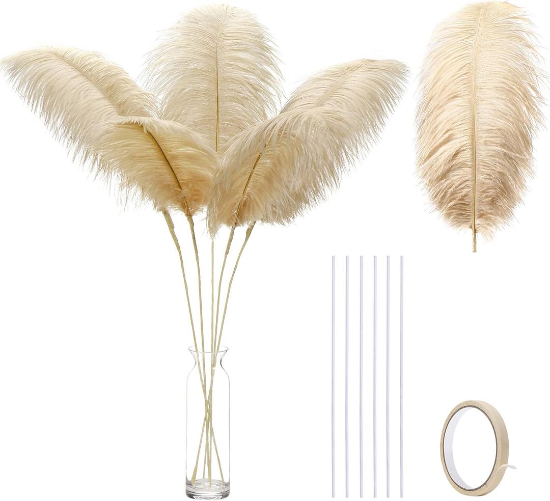 Ballinger Large Champagne Ostrich Feathers - 12pcs 24-26inch Feathers Making Kit Boho Feathers for Vase,Wedding Party Centerpieces and Home Decor