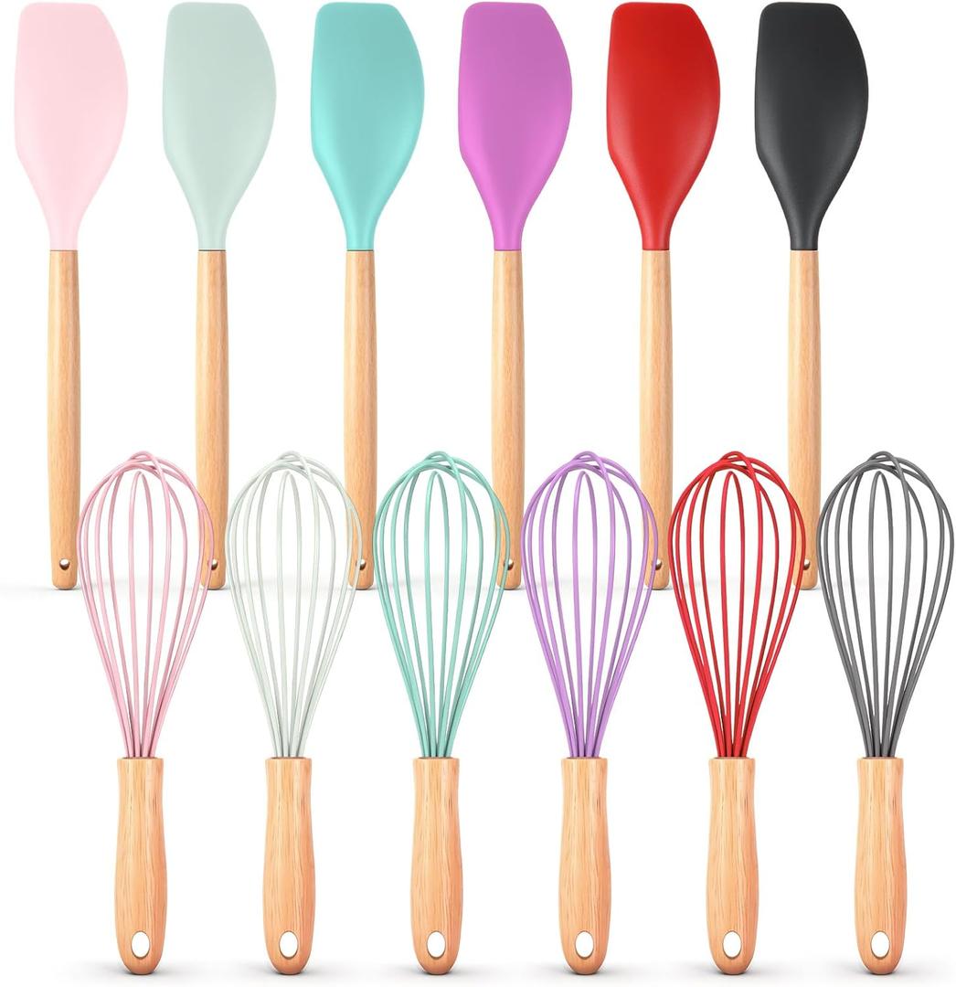 Funnymoom 12 Pcs Small Silicone Whisks and Spatulas with Wooden Handle for Cooking 10 Inch Mini Whisk Spatula Non Stick Kitchen Baking Essentials Cookware for Valentines Day Party Favor Gift Supplies