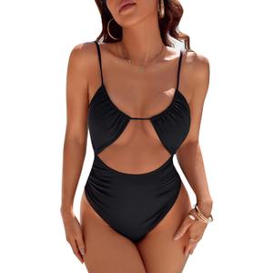 Blooming Jelly Womens One Piece Swimsuit Tummy Control Bathing Suit Sexy Slimming Flattering Cute Cheeky High Cut Swimwear (Large, Black)