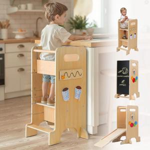FlyingBoom Toddler Tower 4-in-1 Multifunctional Kitchen Stool Helper with Removable Safety Board, Adjustable Heights, Slide, Highchair, Chalkboard, Montessori Games (Wood)