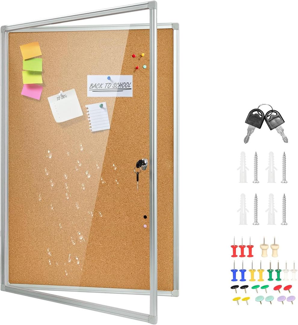 36"x24" Lockable Enclosed Cork Bulletin Board, Shatter-Resistant Display Case with Aluminum Frame for School, Office, Hospital & Business Use