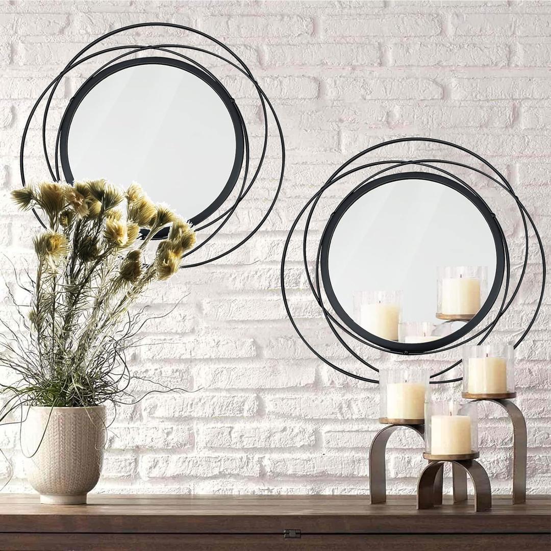 2 Set 15.7'' Black Circle Mirrors Wall Decor Iron Frame Wall Art Round Mirror Home Decor Hanging for Living Room/Bedroom/Bathroom/Entryway (Medium Size 15.7 inch,Circles)