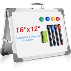 White Board Dry Erase 16" x 12", Magnetic Portable Foldable Whiteboard Double Sided Desktop Dry Erase Board Easel on Table Top with Holder for Classroom, Office, Homeschooling, School Supplies