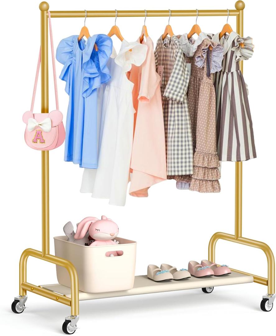 SLEEPING LAMB Kids Dress Up Rack with Wheels, Metal Small Kids Clothing Rack for Hanging Clothes with Bottom Shelf, Baby Dress Up Storage Wardrobe for Little Girls, Toddler, Gold