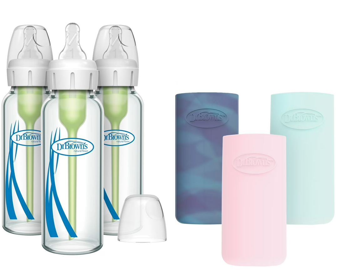 Dr. Brown's AntiColic Options+ Narrow Glass Baby Bottles 8 oz/250 mL, with Level 1 Slow Flow Nipple, 3 Pack 0m+ with Pink 100% Silicone Sleeves, BPAFree