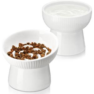 2 Pcs Raised Cat Slow Feeder Bowl Ceramic Elevated Cat Bowls, No Spill High Edge, Anti Vomiting for Pets Kitten Puppies Dry Wet Food and Water, Dishwasher Safe
