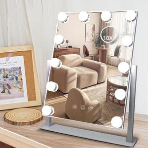 Hollywood Vanity Mirror with Lights, 12 Dimmable LED Bulbs Lighted Makeup Mirror with Detachable 10X Magnification Mirror, 1000mAh Rechargeable, 3 Color Lights, Touch Control