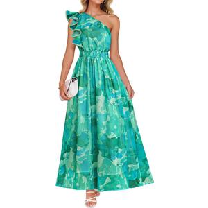 ZESICA Women's 2026 Summer Floral Sleeveless Maxi Dress Ruffle One Shoulder High Waist Boho Beach Wedding Guest Long Dresses, XL