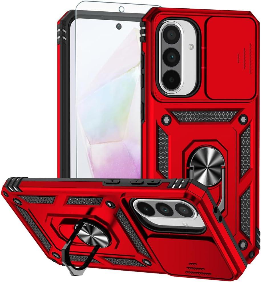 Androgate Phone Case for Samsung Galaxy A26 5G Case with HD Screen Protector & Slide Camera Cover & Rotated Ring Kickstand, [Military-Grade] Phone Case for Galaxy A26 Red