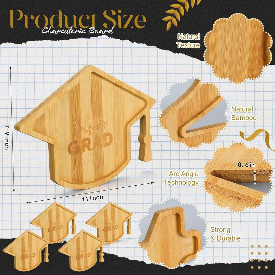 GlikCeil 4 Pcs 2025 Graduation Charcuterie Wooden Tray Reusable Serving Trays Fillable Food Serving Dishes for Cake Candy Chocolate Cheese Party Anniversary Decoration(Graduation Cap)