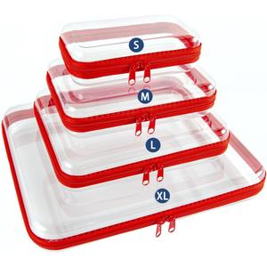 4PCS Clear Hard Shell Zippered Case,4 Sizes Durable Clear Travel Toiletry Bag, Waterproof Cosmetic Bag, Toy Storage Organizer Bins,Pencil Case - Red
