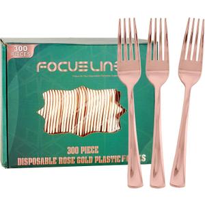 FOCUSLINE 300 Pack Disposable Rose Gold Plastic Forks, Solid and Durable Plastic Cutlery Forks, Heavy Duty Disposable Utensil Silverware for Catering, Parties, Dinners, Weddings