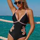ZAFUL Women's Petal Cut Out One Piece Swimsuit Colorblock V Neck Dual Straps Crisscross Backless Bathing Suit (Black, M)