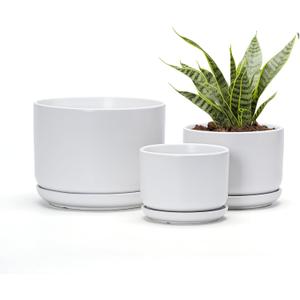 Ton Sin Plant Pots, 4.1+5.1+6.5 inch, Set of 3, Ceramic Planters with Drainage Hole and Saucer, Indoor Flower Pot with Drainage Hole, Gifts for Mom(Matte White)