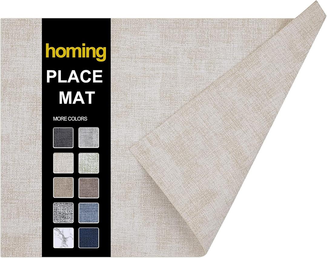 homing Faux Leather Heat Resistant Placemats 6 Packs, Waterproof Wipeable Dining PU Place Mats for Indoor & Outdoor, Easy to Clean, Beige (11.8" x 17", Rectangular 6PCs)