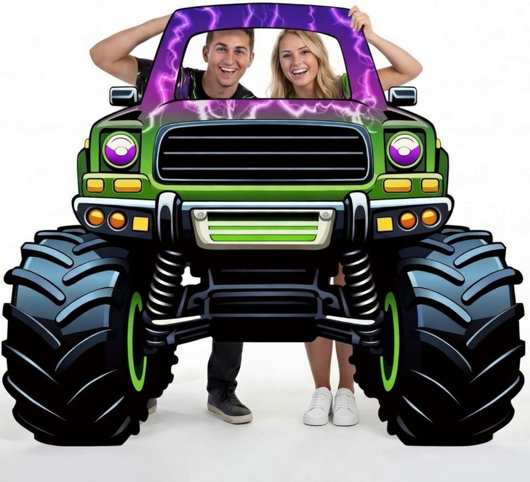 Capoda Monster Truck Cardboard Photo Prop 60x48 Inch Large Racing Car Photo Cutout Stand Up Backdrop with Face Hole Flame Off-Road Vehicle Prop for Birthday Party Decorations (Purple Truck)