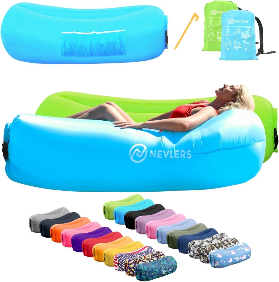 Nevlers 2 Pack Inflatable Loungers Air Sofa Couch | Perfect for Beach Chair Camping Chairs or Portable Hammock |Travel Bag Pouch, Pegs & 3 Pockets| Movie Seating & Camping Accessories Blow Up Lounger (Blue & Green)