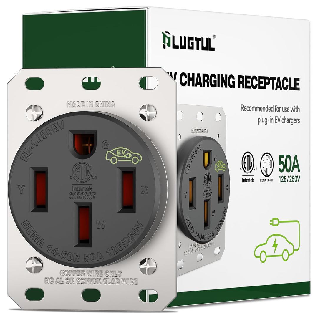 PLUGTUL NEMA 14-50R Outlet - 50AMP EV Charging Receptacle with Wall Plate, Straight Blade, Industrial Grade, 3-Pole 4-Wire, 50A 125/250V, 14-50R, ETL Listed