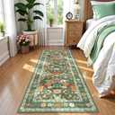 Deerly Green Floral Runner Rug 2x6 for Hallway Vintage Boho Washable Bathroom Kitchen Bedroom Runner Rugs Non-Slip Soft Low Pile Thin Indoor Carpet for Laundry Room Farmhouse Flower, Green/Multi