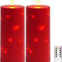 10" x 4" Large Outdoor Waterproof Flickering Flameless Candles with Timer,2Pcs Battery Operated LED Pillar Candles with Embedded Star String for Outdoor Lanterns, Porch, Patio Decor(red)