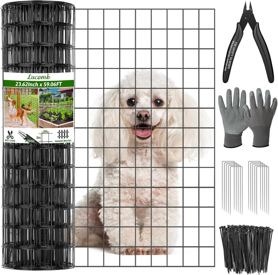 24 in x 59 Ft Welded Wire Fence Black PVC Coated Wire Mesh 2 x 3 in 14GA Garden Fence for Dog Border Fencing Roll Outdoor Animal Barrier Fence with U-Shape Hooks for Yard Plant Vegetable Protection