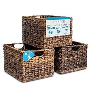 BIRDROCK HOME Woven Storage Shelf Organizer Baskets with Handles - Set of 3 - Abaca Wicker Basket - Pantry Living Room Office Bathroom Shelves Organization - Under Shelf Basket - Handwoven (Espresso)
