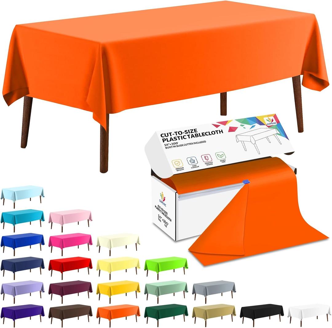 CXPSINC 54 Inch X 300 Feet Plastic Table Cover Roll Disposable Tablecloth with Slide Cutter for All Type/Shape Tables | Party, Banquet, Birthdays, Weddings(Orange, 300 Feet, 3600" x 54"