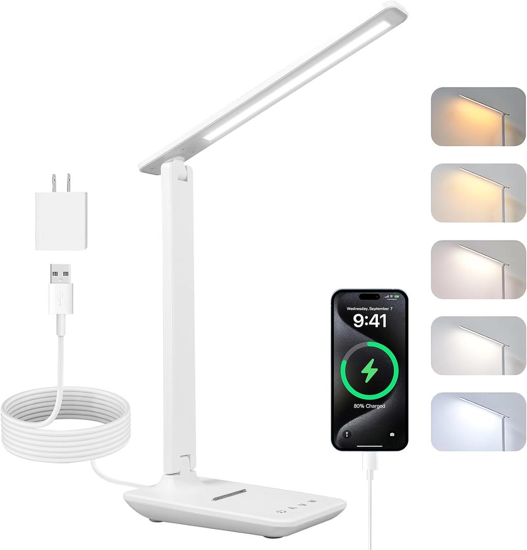 Carehabi LED Desk Lamp, Dimmable Table Lamp with 5 Colors and 5 Brightness Levels, Reading Light with USB Charging Port, Touch Control for Children, Bedroom, Reading, Offices