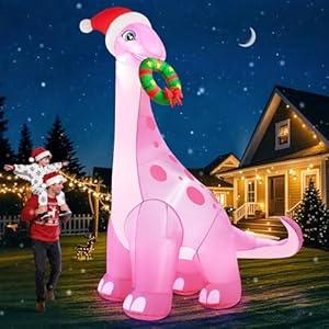zukakii 12FT Giant Christmas Inflatables Decorations Outdoor Pink Dinosaur, Huge Christmas Blow Up Yard Decorations with Christmas Wreath Hat Build-in LED Light Strong Blower for Holiday Party Xmas