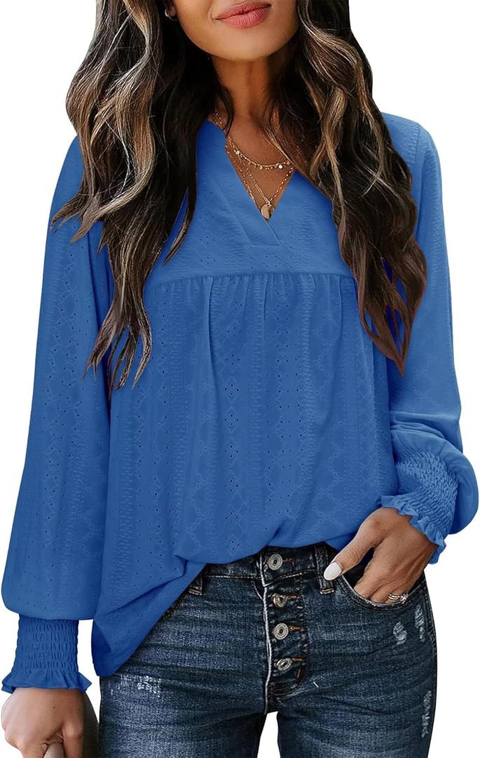 Ladies Tops and Blouses Blue Long Sleeve V Neck Eyelet Tunics 2025 Fall Baby Doll Flare Blouse Loose Trendy Pleated Shirts Lightweight Shopping Outing Daily Wear Medium