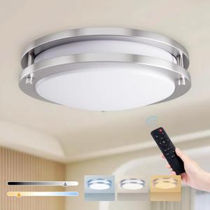 Kalium LED Ceiling Light with Remote 14 Inch Flush Mount Ceiling Light Fixture, 24W 3000K-6000K Adjustable Color Temperature, Dimmable Lighting Fixtures for Kitchen Bedroom Hardwired Installation (1Pack Brushed Nickel)