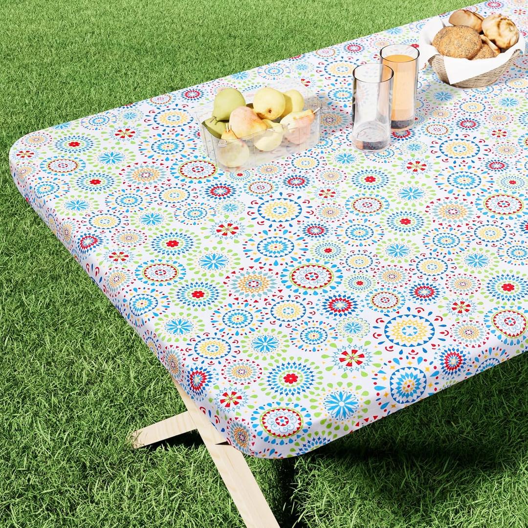 homing Rectangle Printed Fabric Tablecloth, Elastic Fitted Table Cloth for 6 Foot Table, Washable Polyester Table Cover for Outdoor, Picnic, Camping and Indoor, (Geometric Medallion, 30" x 72") (Red & Blue)