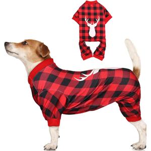 Dog Christmas Pajamas Buffalo Plaid with Reindeer Print Pet Onesie Pet Pjs Super Soft and Stretchy Dog Pajamas Large Sized Dogs(L)