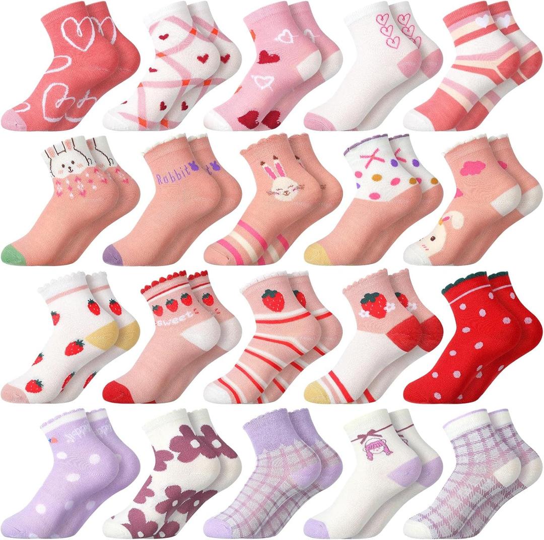 Bencailor 20 Pairs Girls Cartoon Pattern Crew Socks Cute Patterns Ruffle Crew Cotton Cute Socks for Kids Toddler Girls (9-13 Years, Pink Purple)