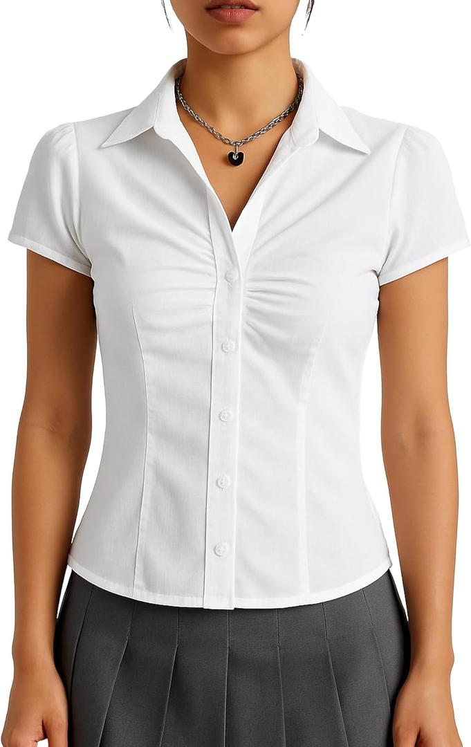SUNNOW Women's Pleated Bust Button Down Shirt Tie Back Fitted Short Sleeve Blouse Casual Tops (White, M)