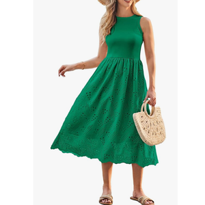GRACE KARIN Women's Summer Sleeveless Tank Dress A Line Midi Dress Eyelet Crewneck Casual Holiday Dress with Pockets M
