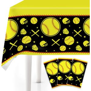 3Pcs Softball Plastic Tablecloth, 54 x 108 Inch Waterproof Sport Themed Table Cover, Softball Party Decorations for Baby Shower, Boys Girls Birthday, Sport Party Supplies