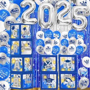 Blue Sliver Graduation Decorations Class of 2025 Graduation Balloon Boxes with Letters 2025 Grade Party Decorations with Lights for Class of 2025 Decor Grade Party Supplies (Silver)