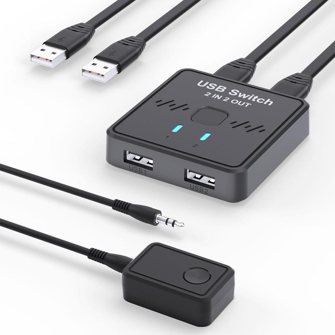 USB Switch 2 in 2 Out, USB Switcher 2 Computers Sharing Keyboard and Mouse Printer Scanner Webcam, Printer Splitter for 2 Computers, 2 Port USB Selector with 2 USB Cables and External Controller