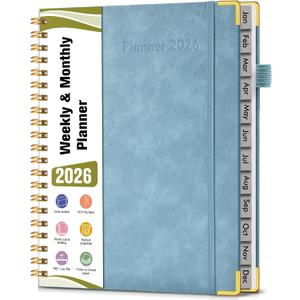 2026 Planner, Hardcover Leather Weekly and Monthly Planner, January 2026 - December 2026, Spiral Yearly Agenda Organizer Book 2026 with Tabs, Daily Calendar Planners for School Work Home, A4 (8.5" x 11"), Blue