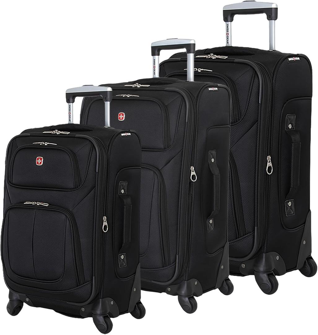 SWISSGEAR Sion Softside Expandable Spinner Luggage Durable Lightweight Travel Suitcase, Black, 3-Piece Set (21/25/29)